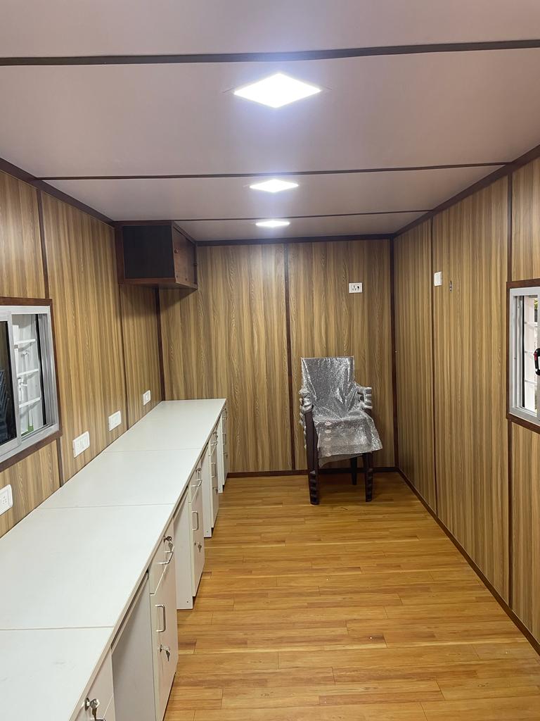 Container home exterior at sunset